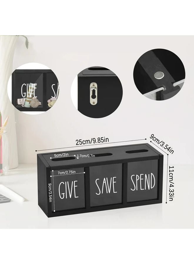 Black Wooden Money Saving Box With Magnetic Lid 3 Compartments For Give Save Spend Office Decor - Image 2